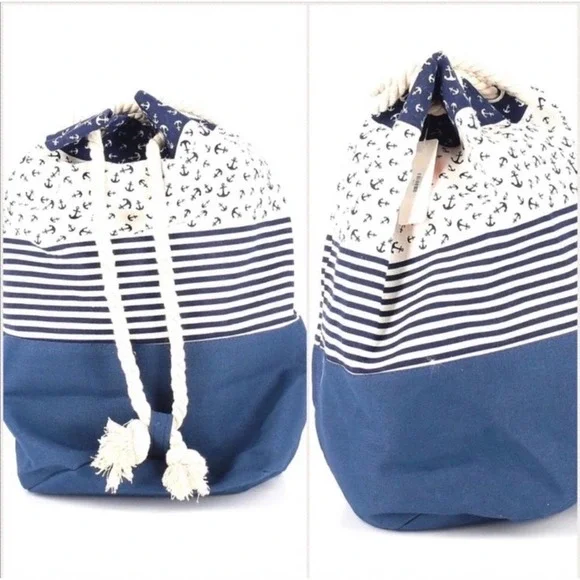 1 LEFT! Nautical Navy Ivory Beach Bucket Bag Tote Vacation Bag - Picture 5 of 7